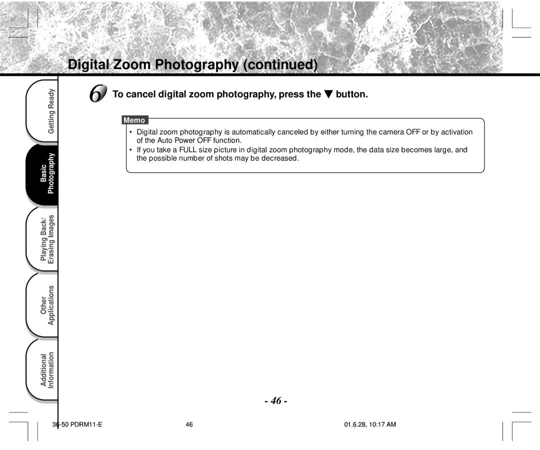 Toshiba PDR-M11 instruction manual Digital Zoom Photography, To cancel digital zoom photography, press the button 