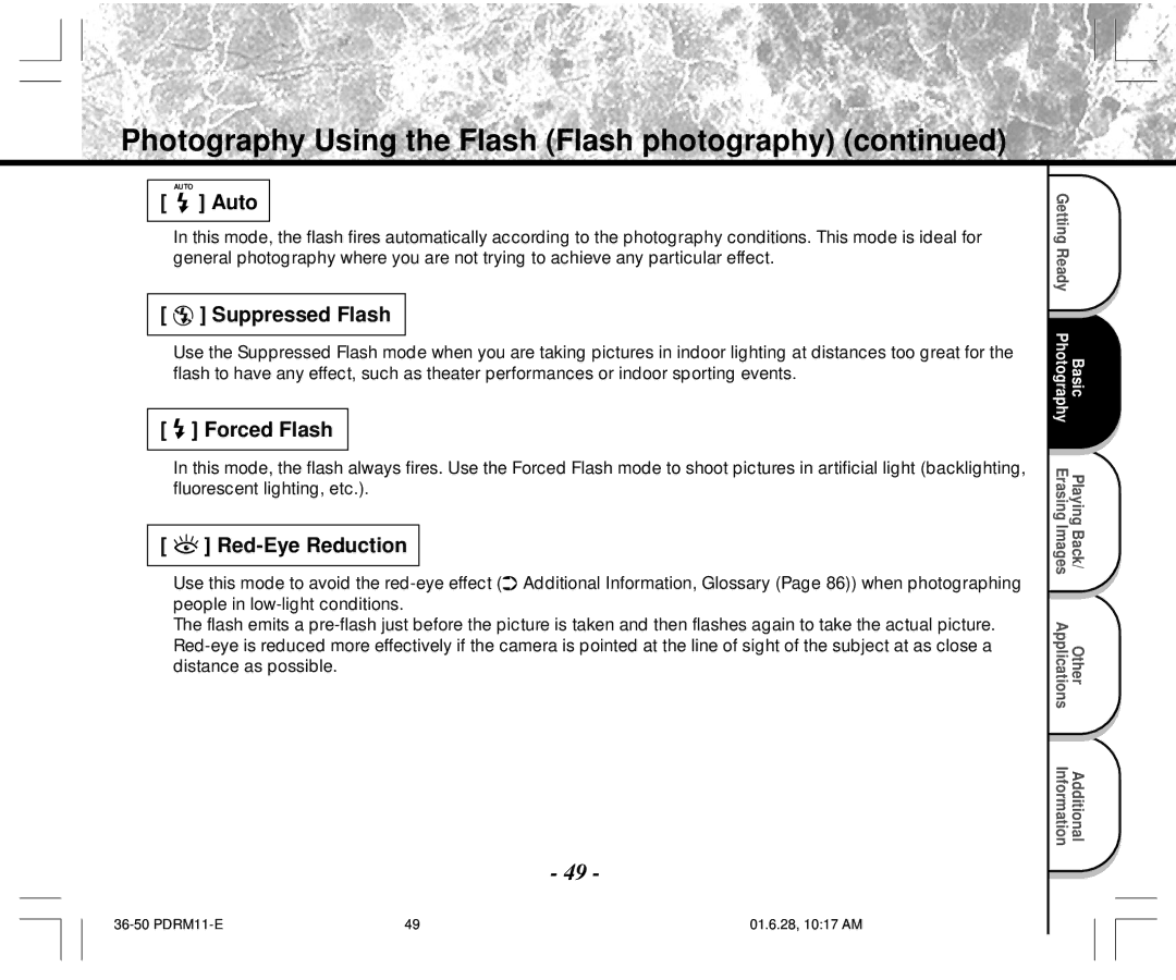 Toshiba PDR-M11 Photography Using the Flash Flash photography, Auto, Suppressed Flash, Forced Flash, Red-Eye Reduction 