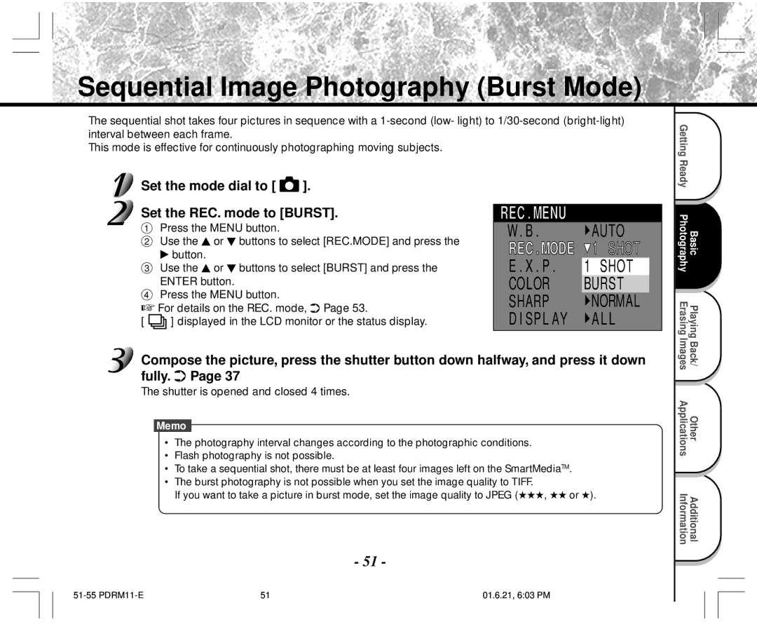 Toshiba PDR-M11 instruction manual Sequential Image Photography Burst Mode, Set the mode dial to Set the REC. mode to Burst 