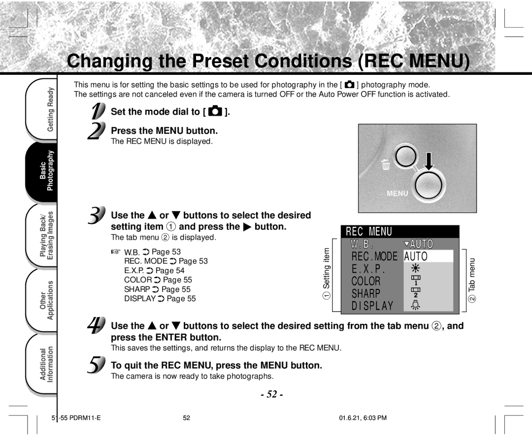 Toshiba PDR-M11 instruction manual Changing the Preset Conditions REC Menu, Set the mode dial to Press the Menu button 