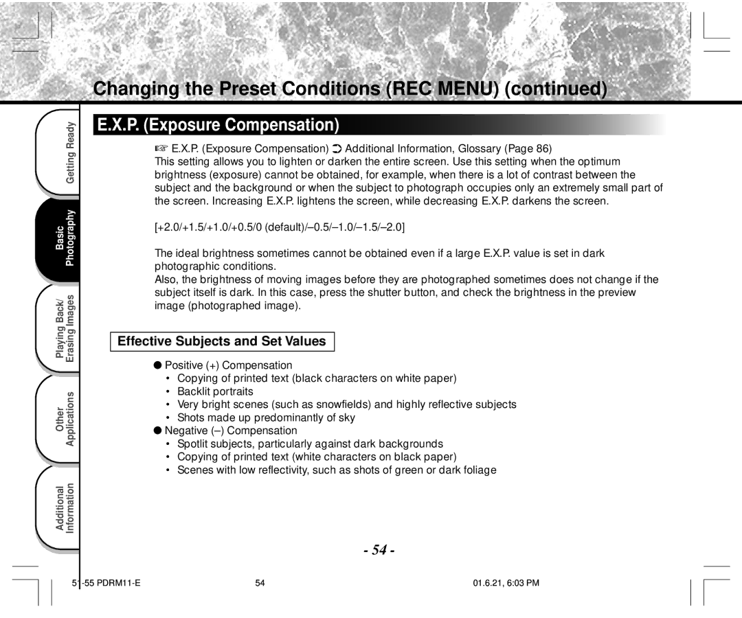 Toshiba PDR-M11 instruction manual P. Exposure Compensation, Effective Subjects and Set Values 