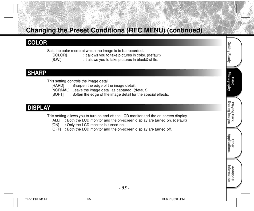 Toshiba PDR-M11 instruction manual Color, Sets the color mode at which the image is to be recorded 