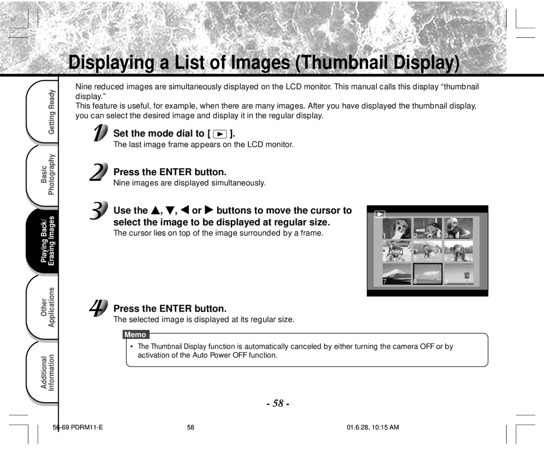 Toshiba PDR-M11 instruction manual Displaying a List of Images Thumbnail Display, Press the Enter button 