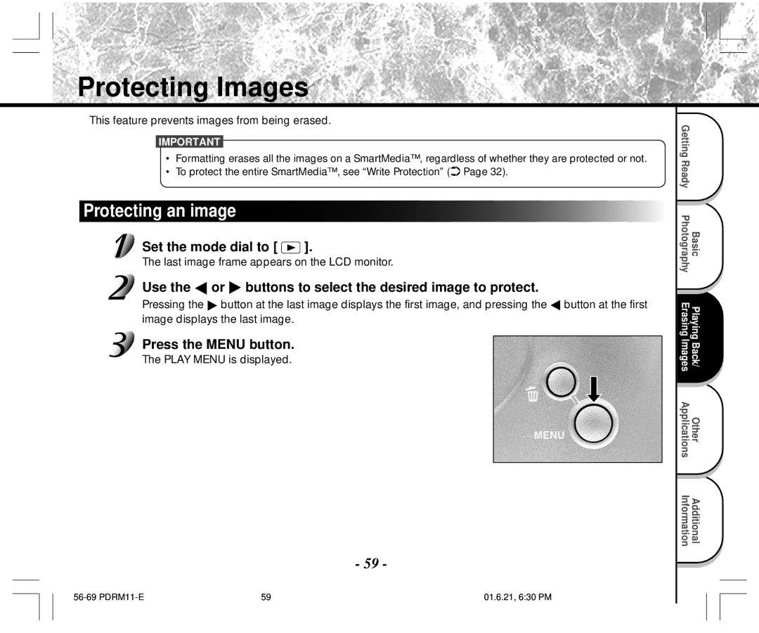 Toshiba PDR-M11 Protecting Images, Protecting an image, Use the or buttons to select the desired image to protect 