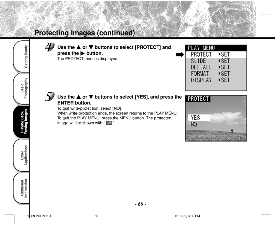 Toshiba PDR-M11 instruction manual Protecting Images, Use Or buttons to select Protect Press Button, Enter button 