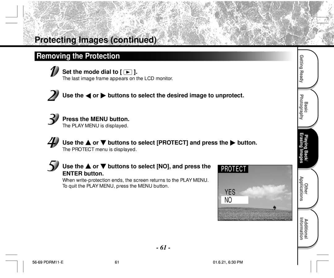 Toshiba PDR-M11 instruction manual Removing the Protection, Use the or buttons to select Protect and press the button 