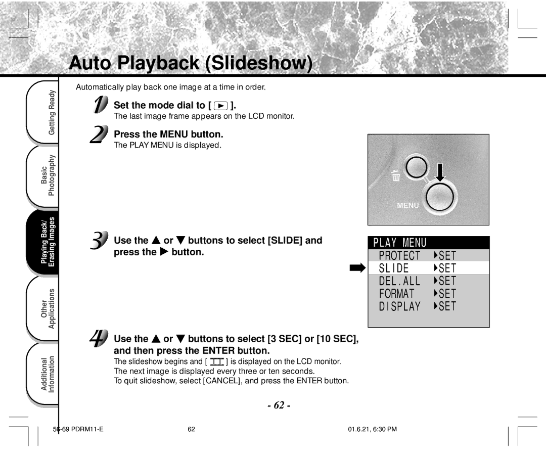 Toshiba PDR-M11 instruction manual Auto Playback Slideshow, Automatically play back one image at a time in order 