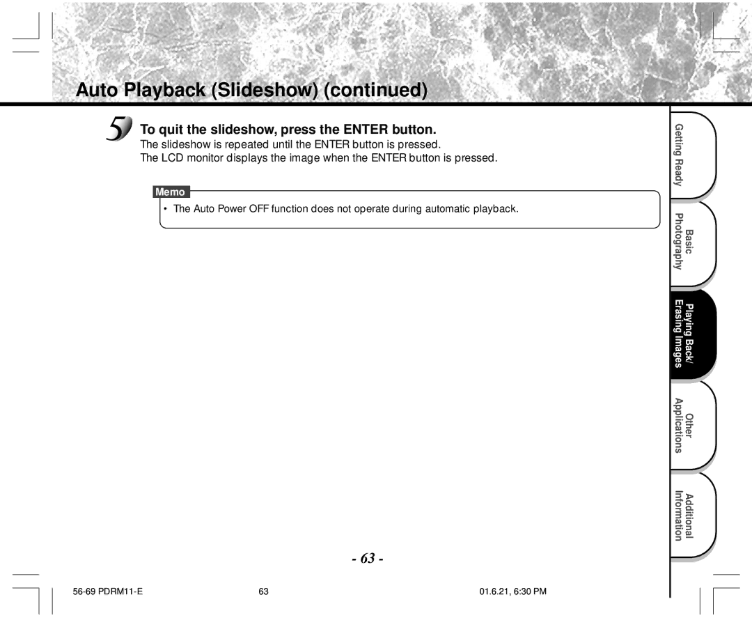 Toshiba PDR-M11 instruction manual Auto Playback Slideshow, To quit the slideshow, press the Enter button 