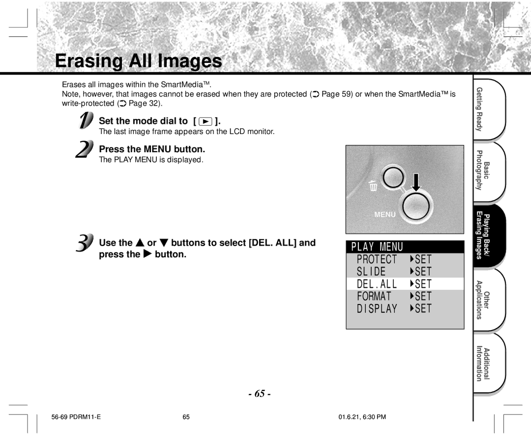 Toshiba PDR-M11 instruction manual Erasing All Images, Use the or buttons to select DEL. ALL and press the button 