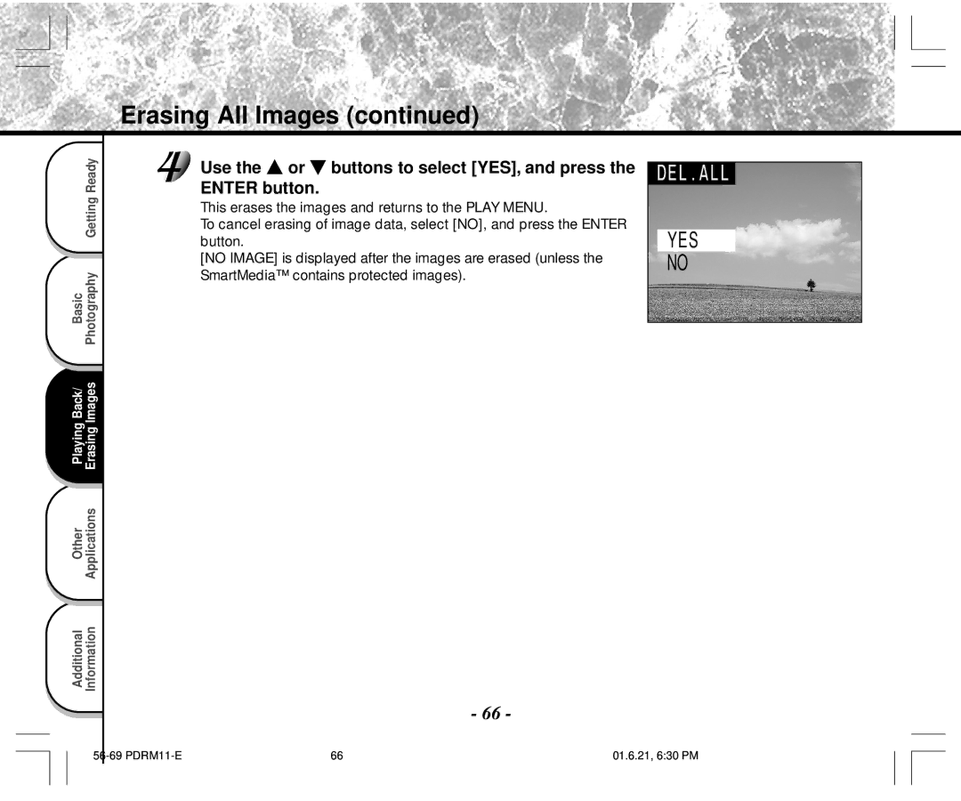 Toshiba PDR-M11 instruction manual Erasing All Images, Use the or buttons to select YES, and press the Enter button 