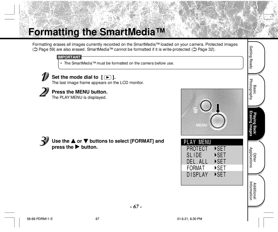 Toshiba PDR-M11 instruction manual Formatting the SmartMedia, Use the or buttons to select Format and press the button 