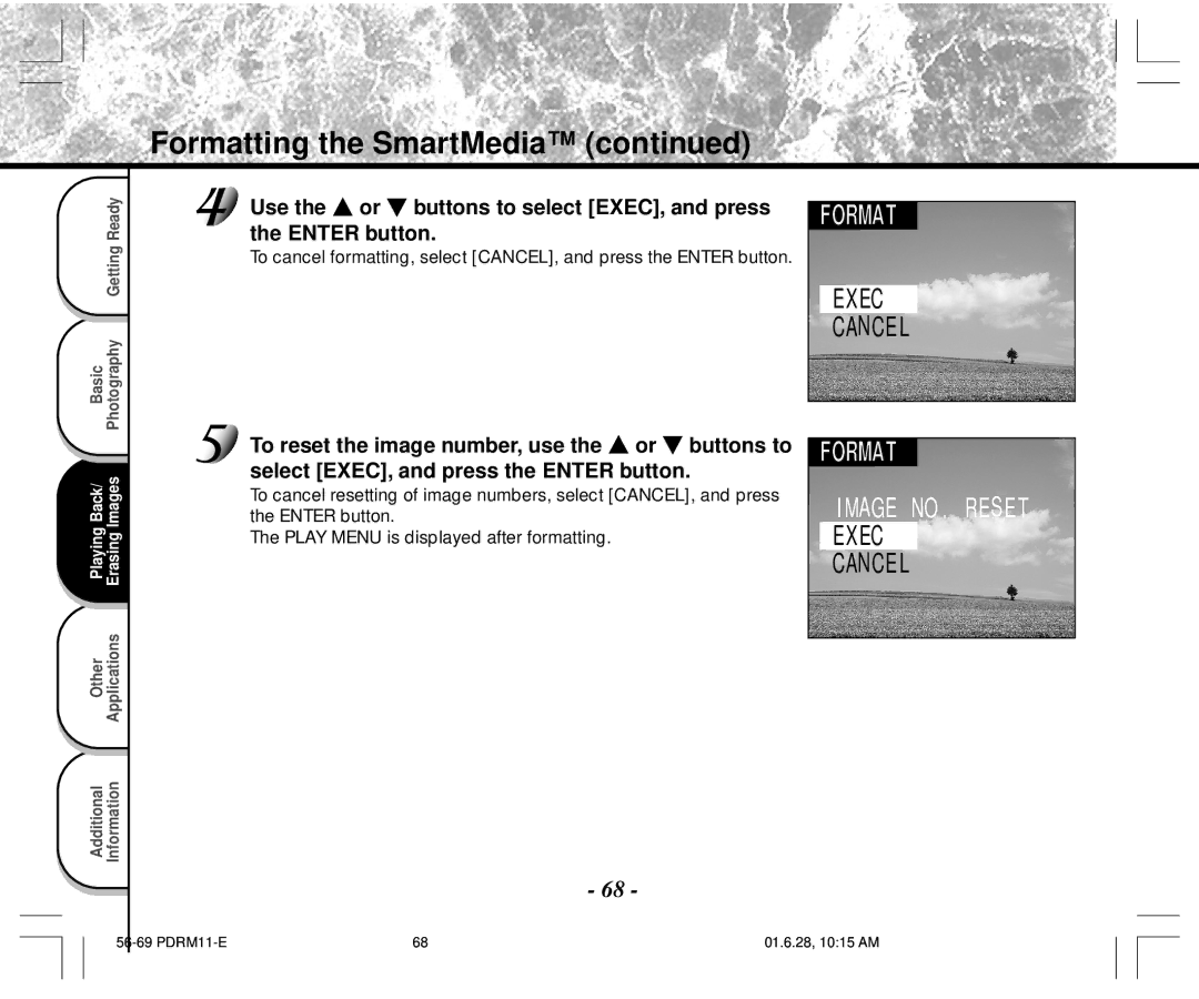 Toshiba PDR-M11 instruction manual Formatting the SmartMedia, Use the or buttons to select EXEC, and press 