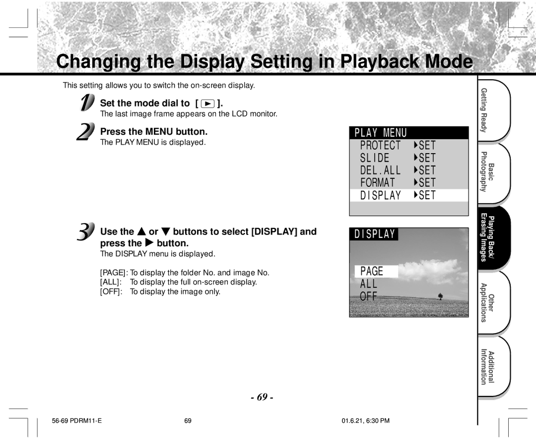 Toshiba PDR-M11 Changing the Display Setting in Playback Mode, Use Or buttons to select Display, Press Button 