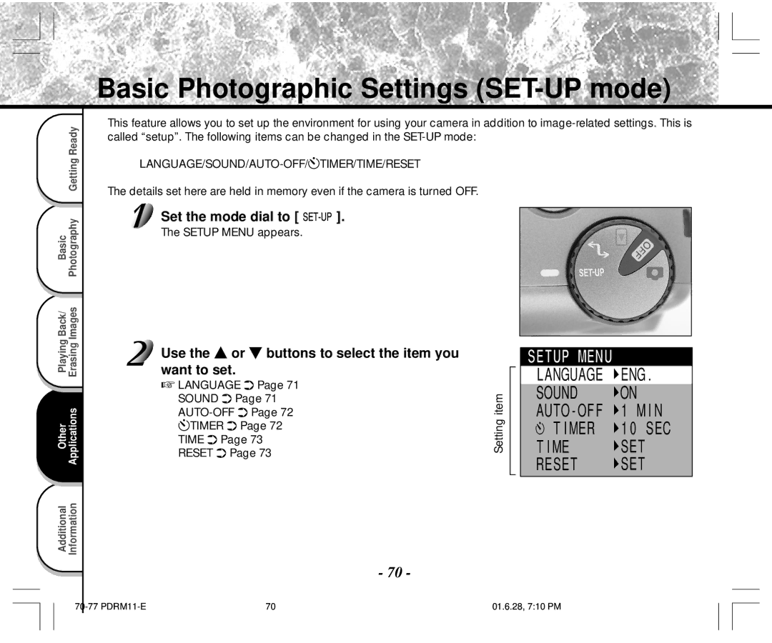 Toshiba PDR-M11 Basic Photographic Settings SET-UP mode, Use the or buttons to select the item you want to set 