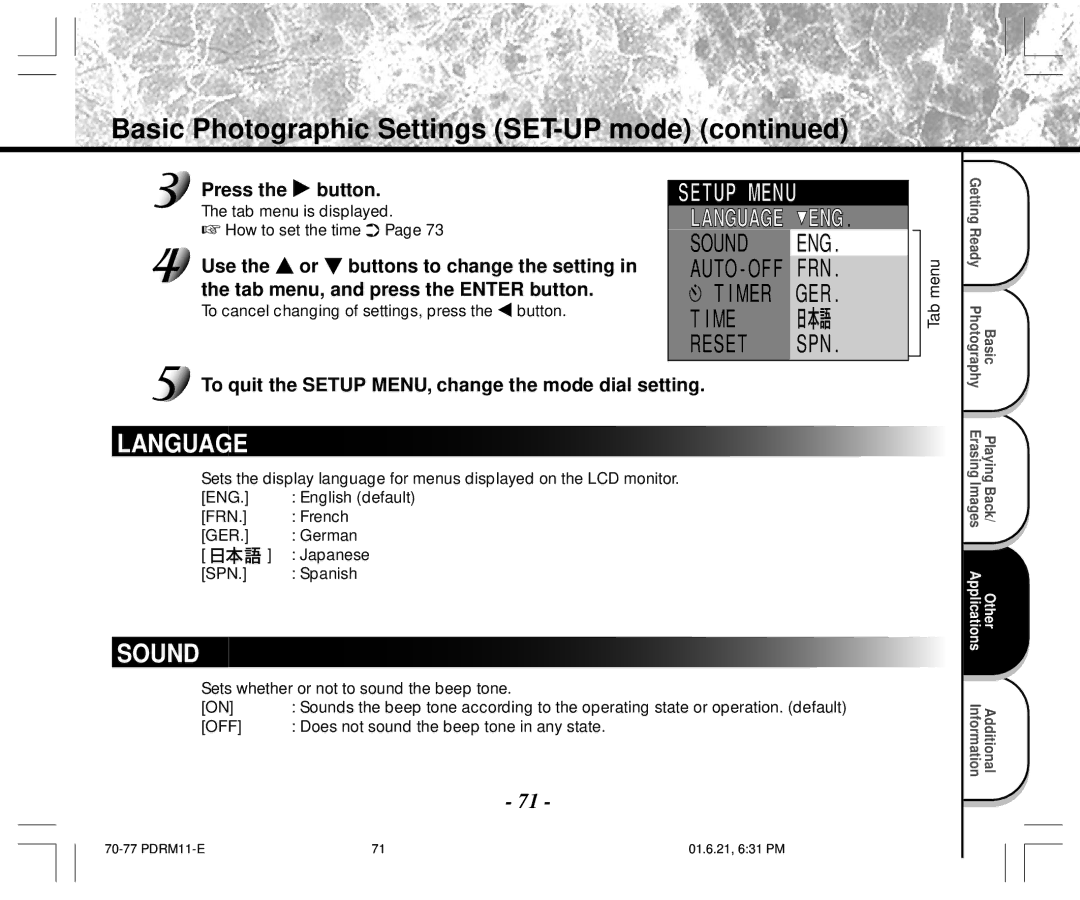 Toshiba PDR-M11 Basic Photographic Settings SET-UP mode, To quit the Setup MENU, change the mode dial setting 