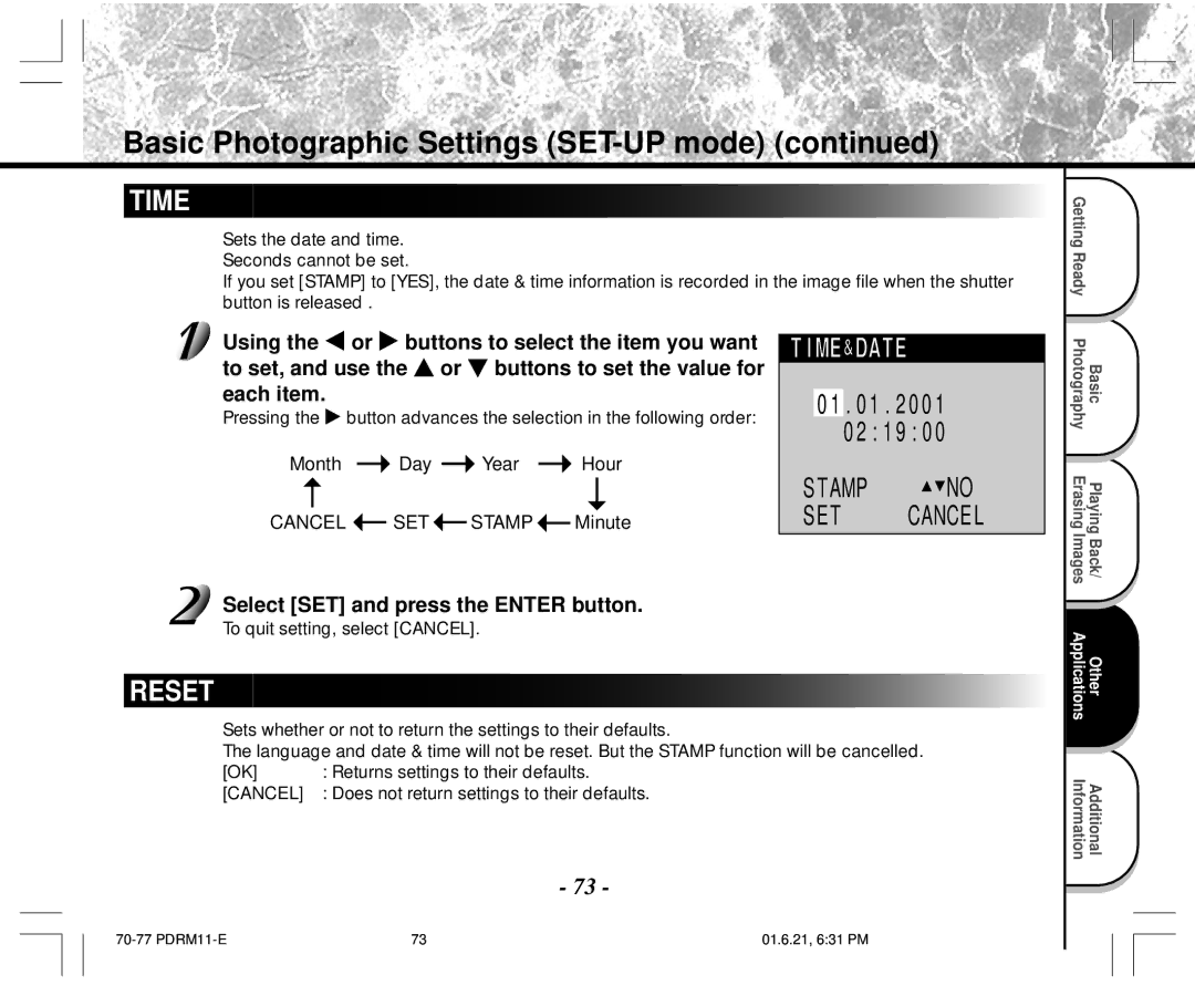 Toshiba PDR-M11 instruction manual Select SET and press the Enter button, To quit setting, select Cancel 