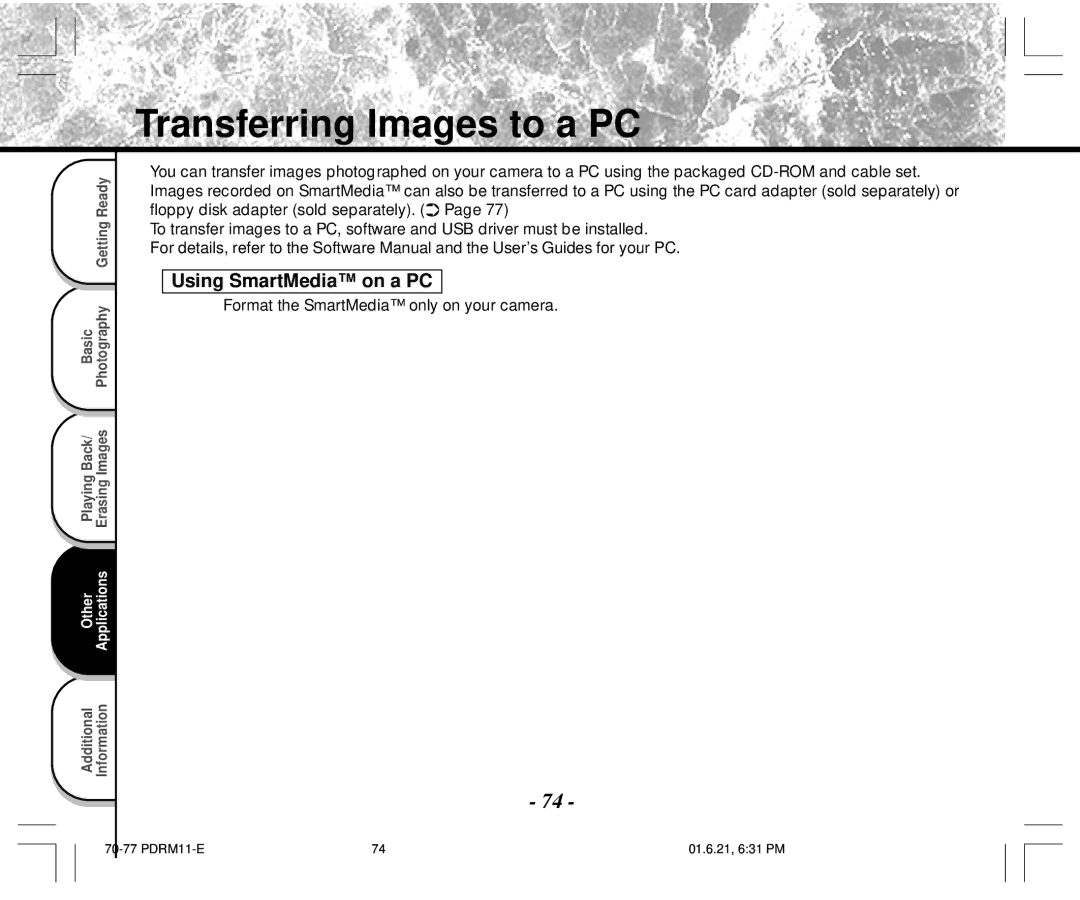 Toshiba PDR-M11 Transferring Images to a PC, Using SmartMedia on a PC, Format the SmartMedia only on your camera 