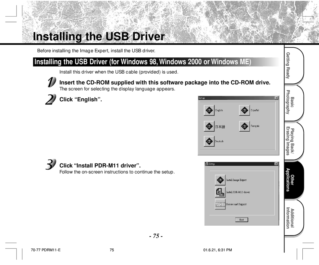 Toshiba instruction manual Installing the USB Driver, Click English Click Install PDR-M11 driver 