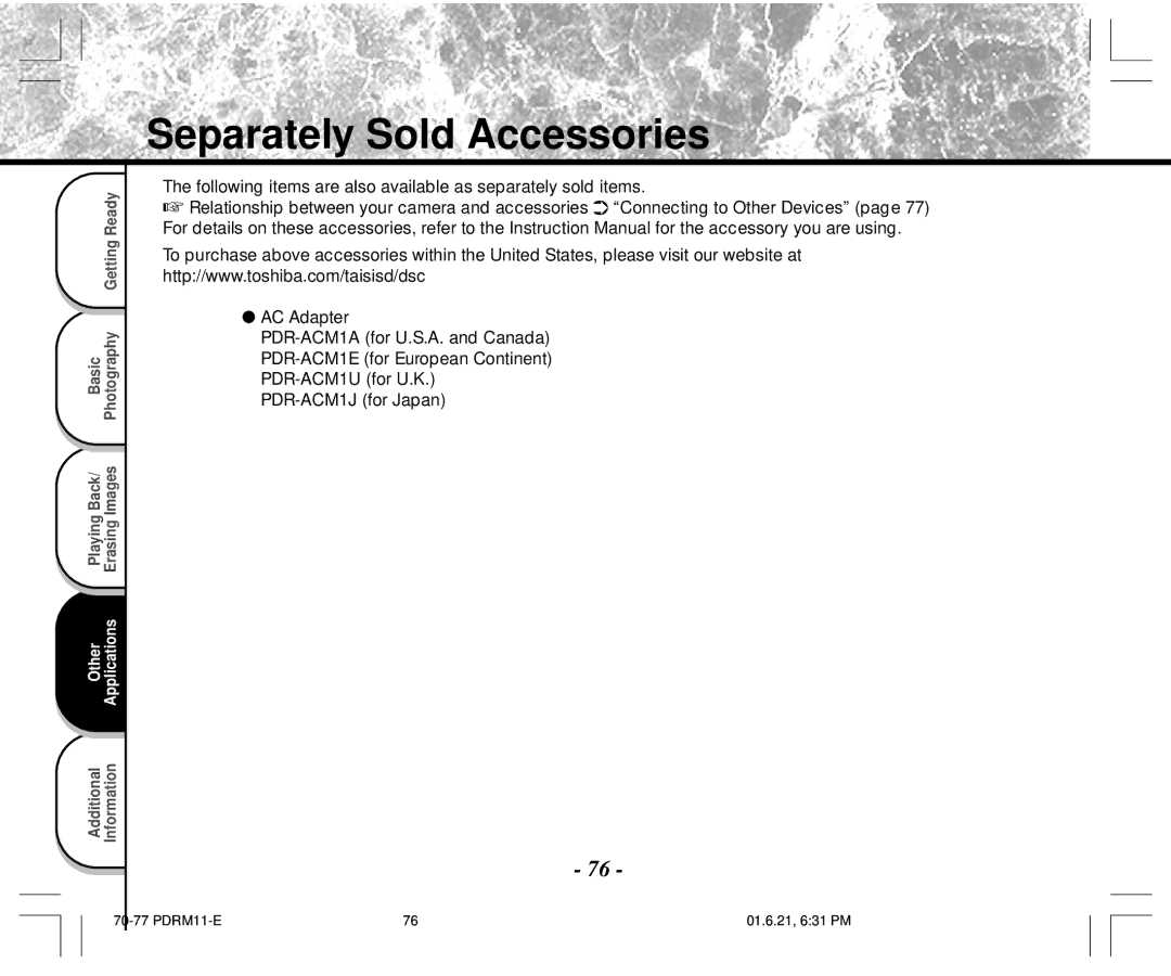 Toshiba PDR-M11 instruction manual Separately Sold Accessories 