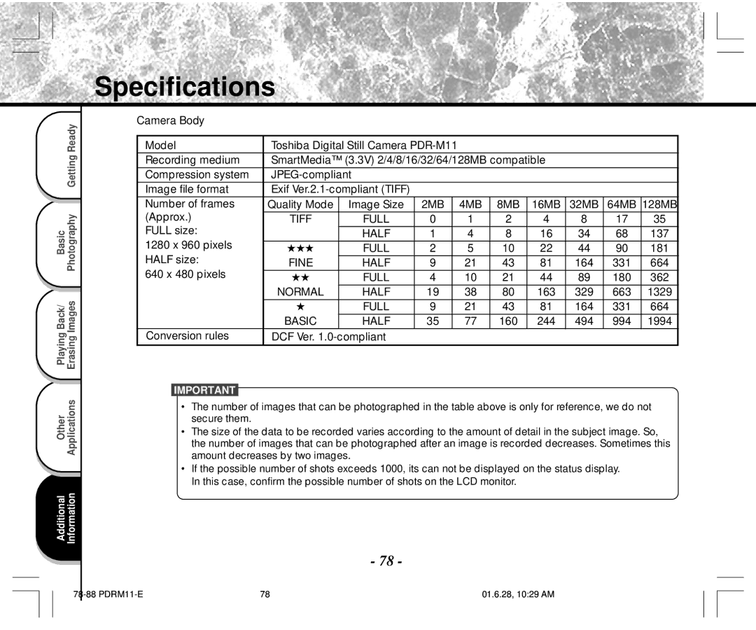 Toshiba PDR-M11 instruction manual Specifications 