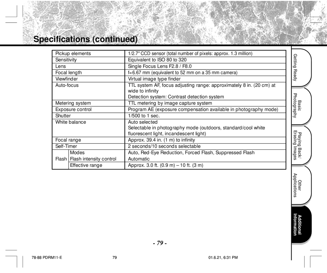 Toshiba PDR-M11 instruction manual Specifications 