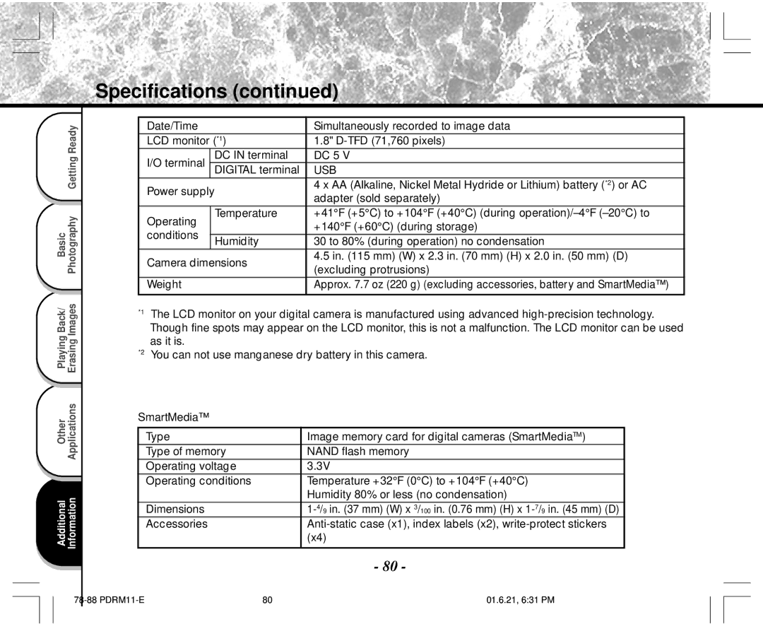 Toshiba PDR-M11 instruction manual DC in terminal DC 5, Usb 