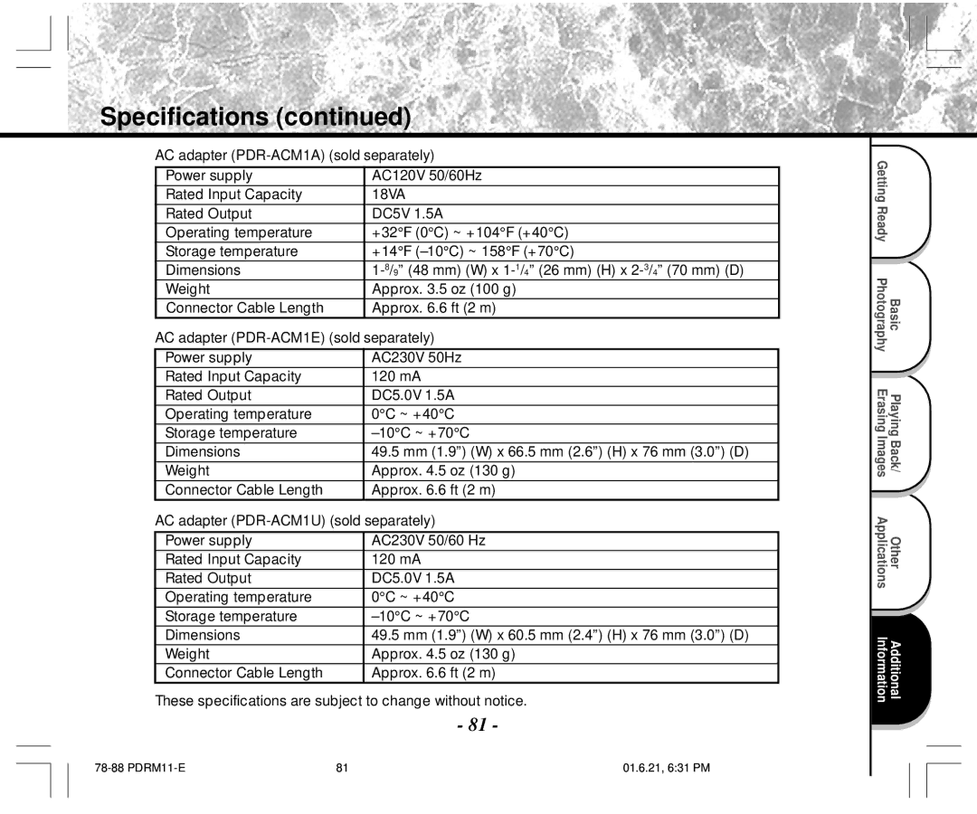 Toshiba PDR-M11 instruction manual Specifications 