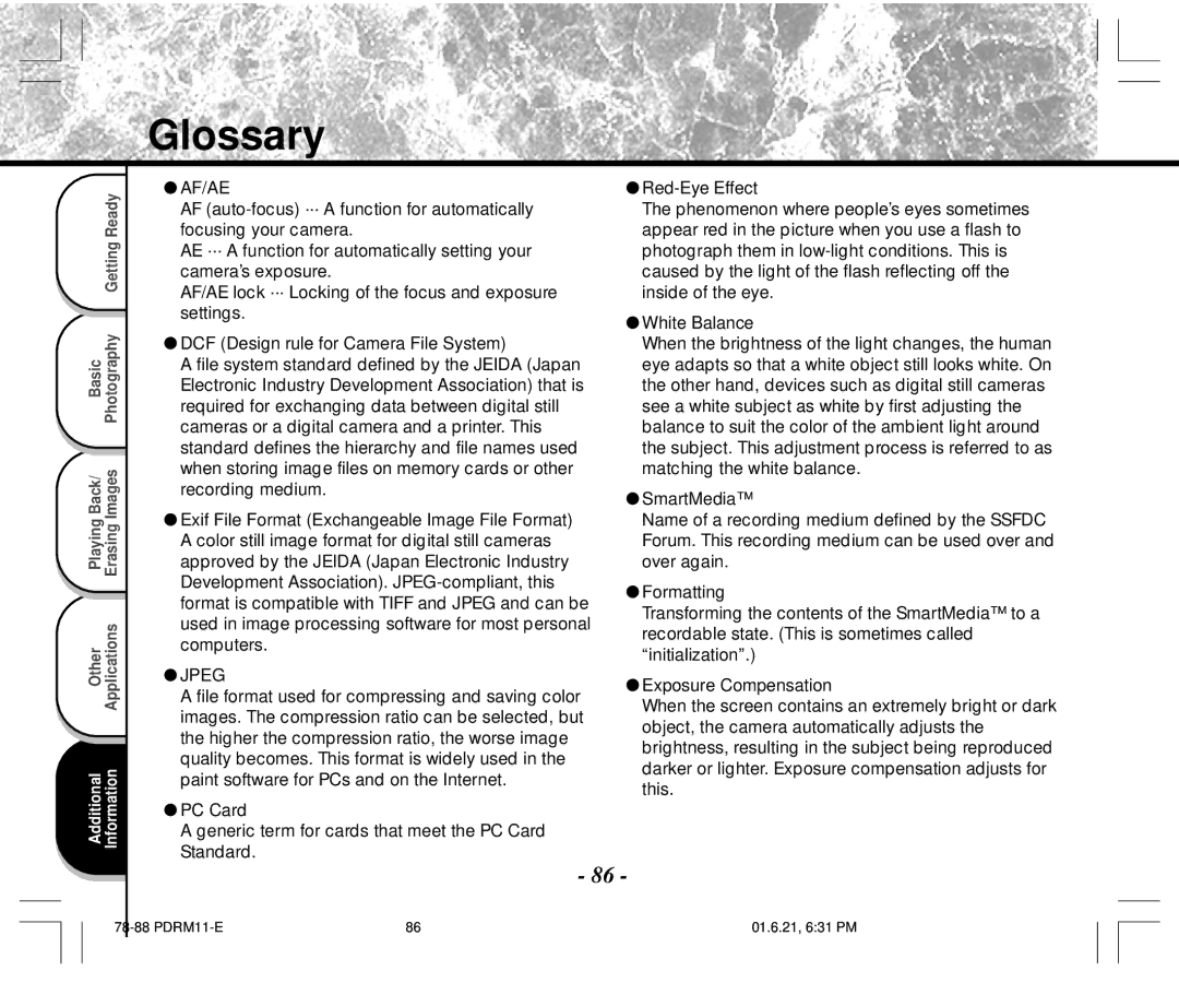 Toshiba PDR-M11 instruction manual Glossary, Af/Ae 