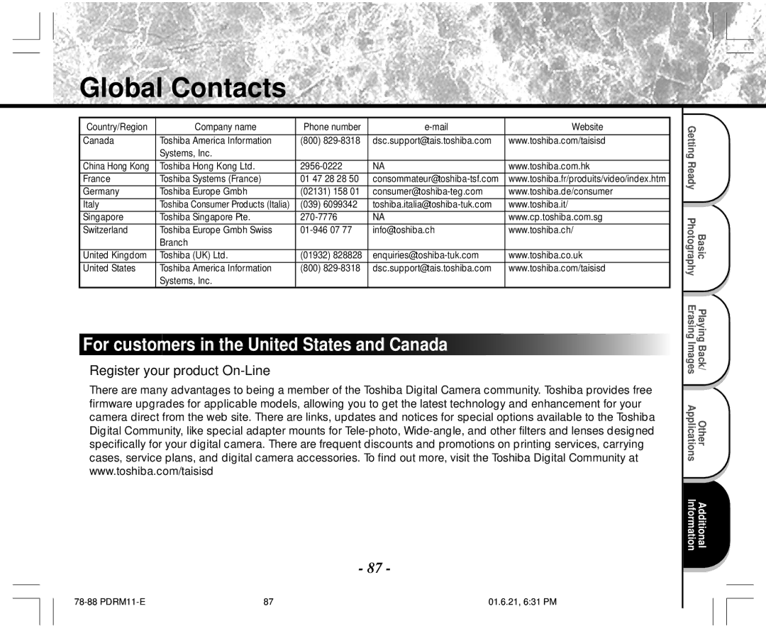 Toshiba PDR-M11 instruction manual Global Contacts, For customers in the United States and Canada 