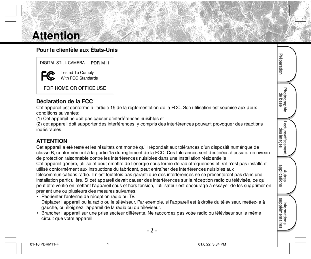 Toshiba PDR-M11 instruction manual Pour la clientèle aux États-Unis, Déclaration de la FCC 