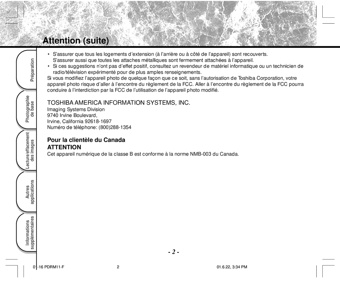 Toshiba PDR-M11 instruction manual Pour la clientèle du Canada 