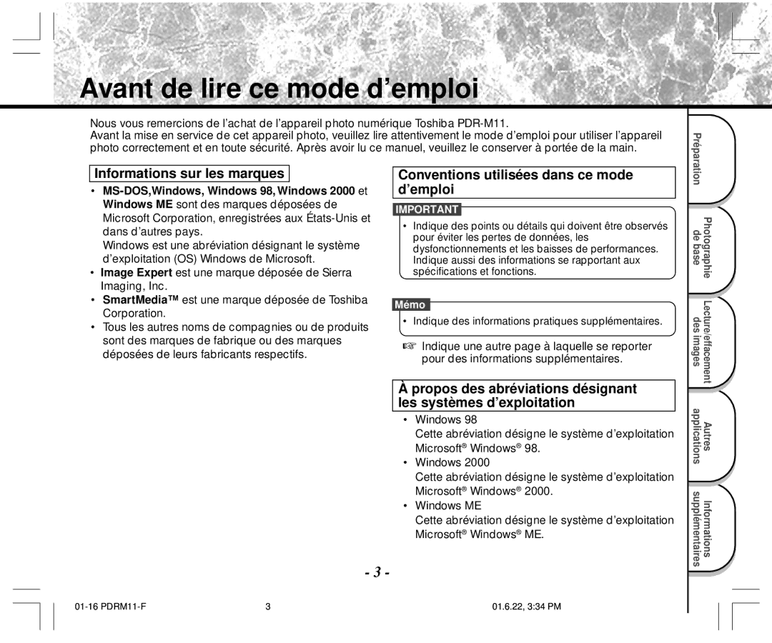 Toshiba PDR-M11 instruction manual Avant de lire ce mode d’emploi, Informations sur les marques 