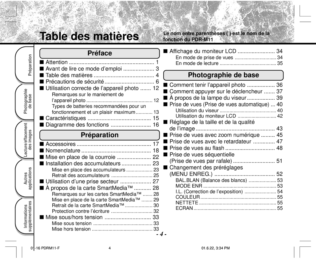 Toshiba PDR-M11 instruction manual Table des matières, En mode de prise de vues, Mise en place des accumulateurs 