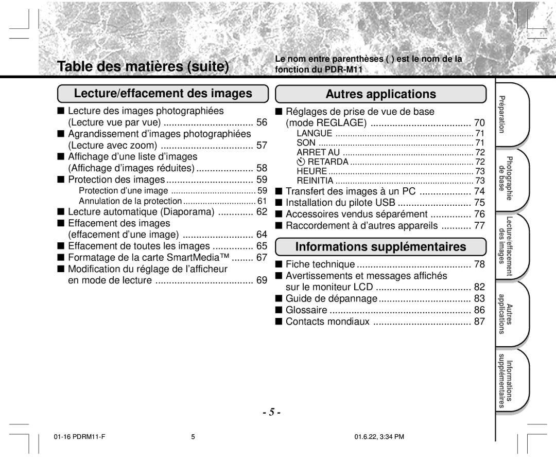 Toshiba PDR-M11 instruction manual Table des matières suite, Lecture/effacement des images 