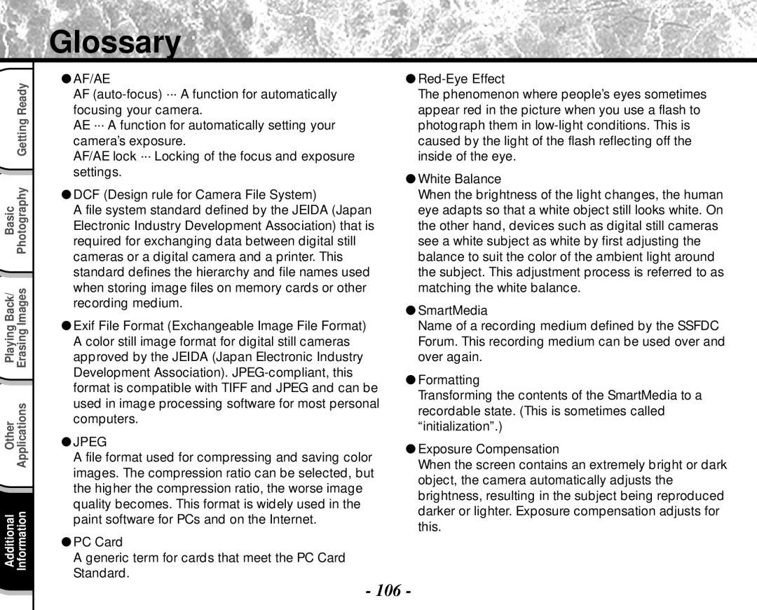 Toshiba PDR-M4 instruction manual Glossary, Af/Ae 