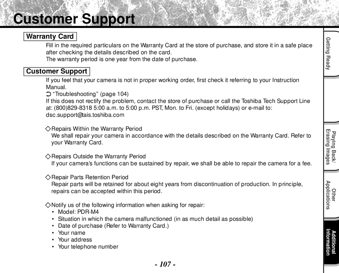 Toshiba PDR-M4 instruction manual Customer Support, Warranty Card 