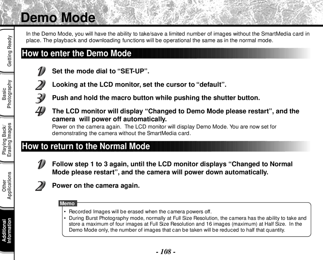 Toshiba PDR-M4 instruction manual How to enter the Demo Mode, How to return to the Normal Mode 