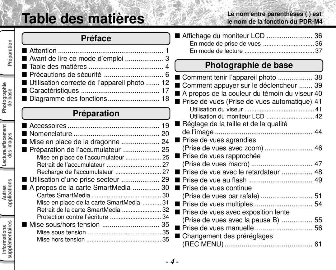 Toshiba PDR-M4 Table des matières, Recharge de l’accumulateur, Protection contre l’écriture, En mode de prise de vues 