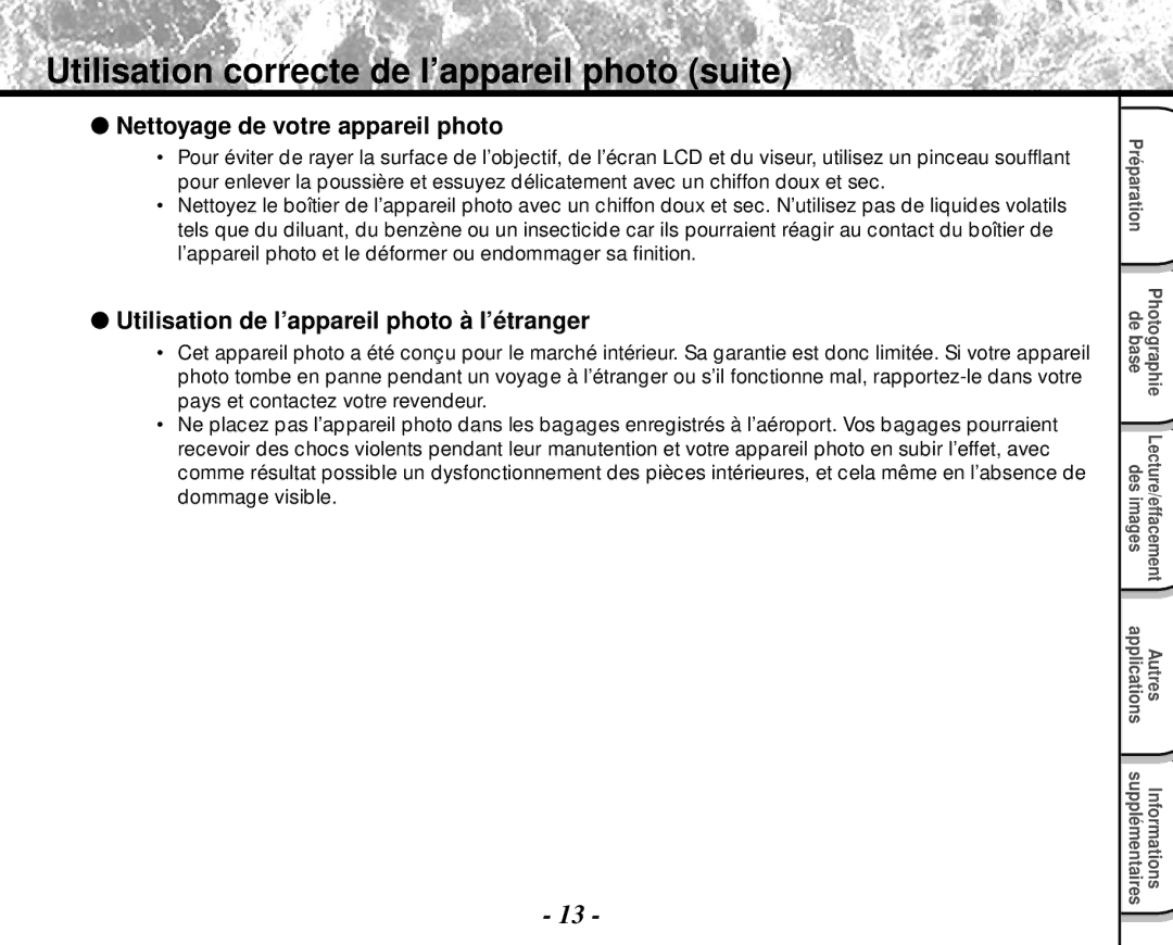 Toshiba PDR-M4 instruction manual Utilisation correcte de l’appareil photo suite, Nettoyage de votre appareil photo 