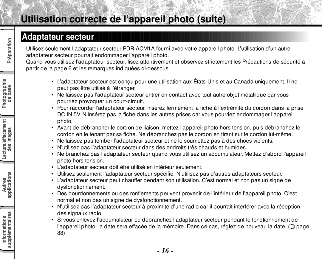 Toshiba PDR-M4 instruction manual Adaptateur secteur 