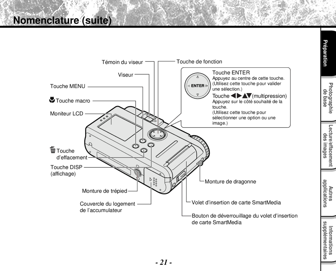 Toshiba PDR-M4 instruction manual Nomenclature suite, Touche multipression 