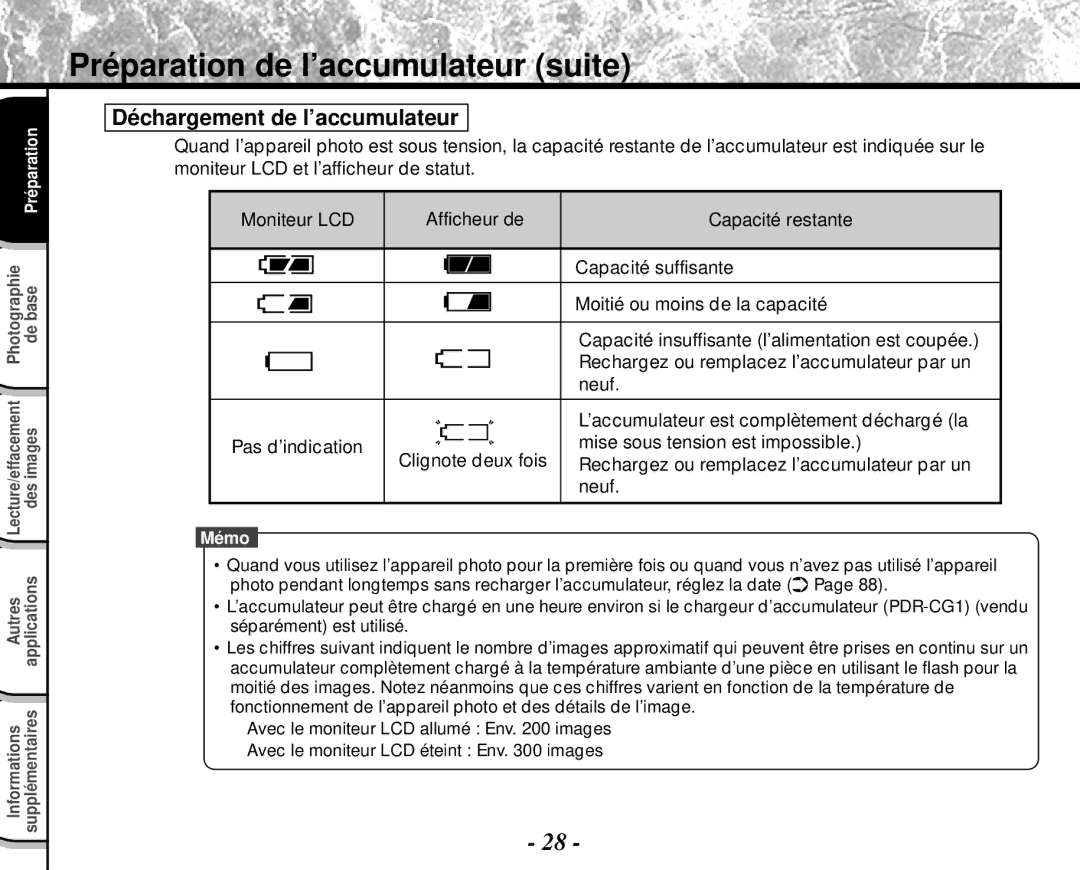 Toshiba PDR-M4 instruction manual Déchargement de l’accumulateur, Neuf 