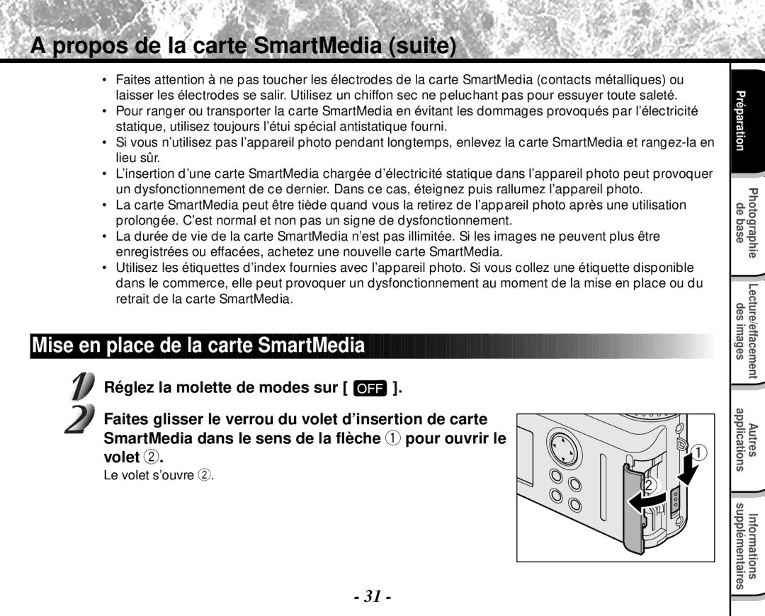 Toshiba PDR-M4 Propos de la carte SmartMedia suite, Mise en place de la carte SmartMedia, Le volet s’ouvre w 