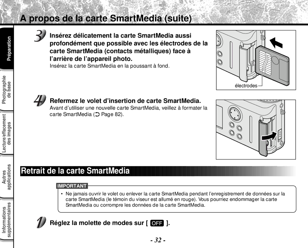 Toshiba PDR-M4 instruction manual Retrait de la carte SmartMedia, Refermez le volet d’insertion de carte SmartMedia 