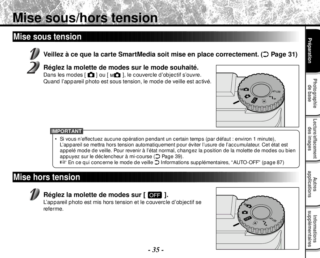 Toshiba PDR-M4 instruction manual Mise sous/hors tension, Mise sous tension, Mise hors tension 