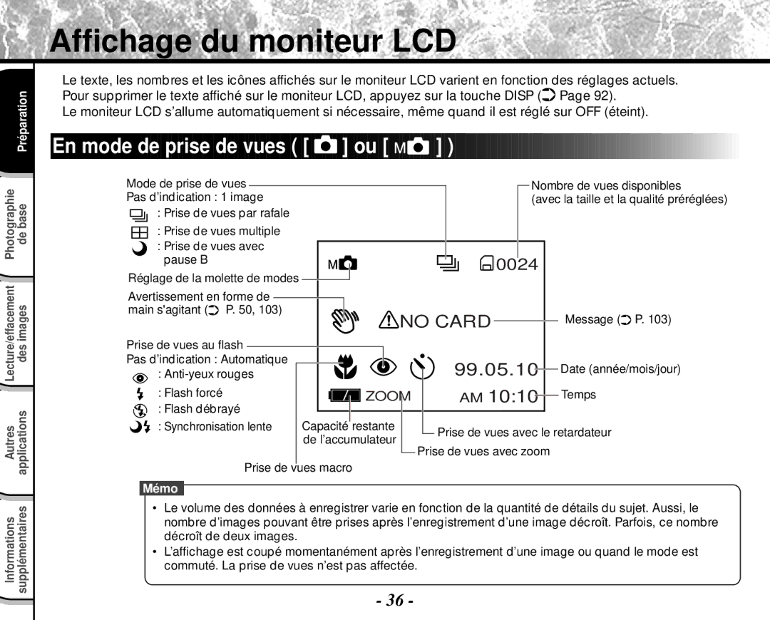 Toshiba PDR-M4 instruction manual Affichage du moniteur LCD, En mode de prise de vues ou 