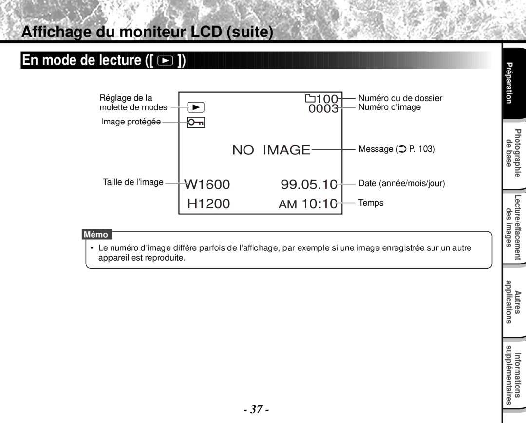 Toshiba PDR-M4 Affichage du moniteur LCD suite, En mode de lecture, Réglage de la, Message P Date année/mois/jour Temps 