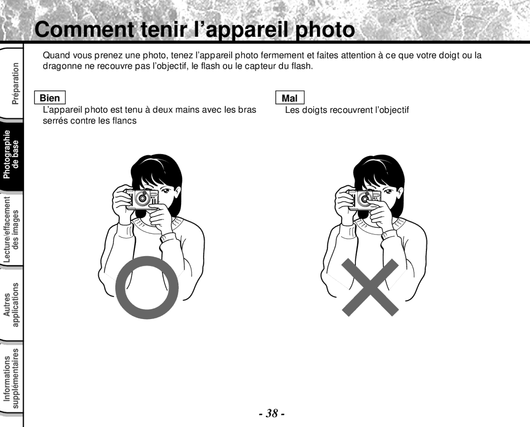 Toshiba PDR-M4 instruction manual Comment tenir l’appareil photo, ’appareil photo est tenu à deux mains avec les bras Les 