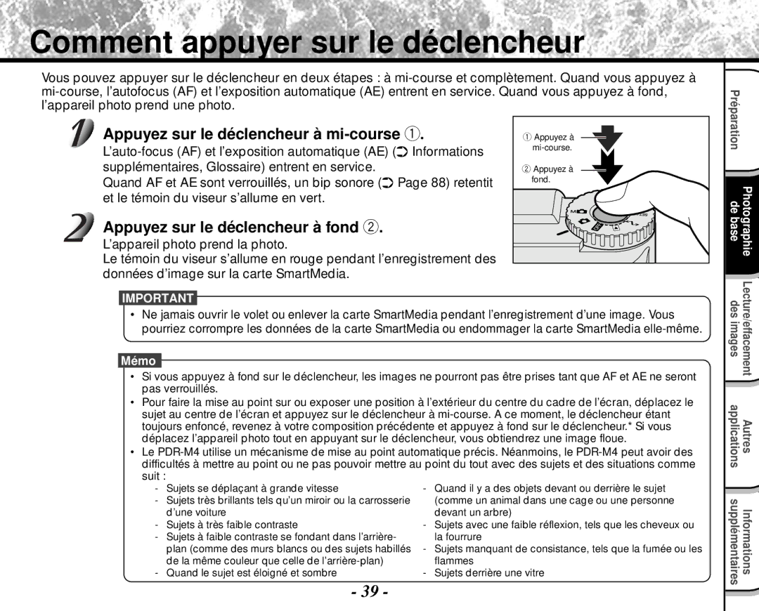 Toshiba PDR-M4 instruction manual Comment appuyer sur le déclencheur, Appuyez sur le déclencheur à mi-course q 