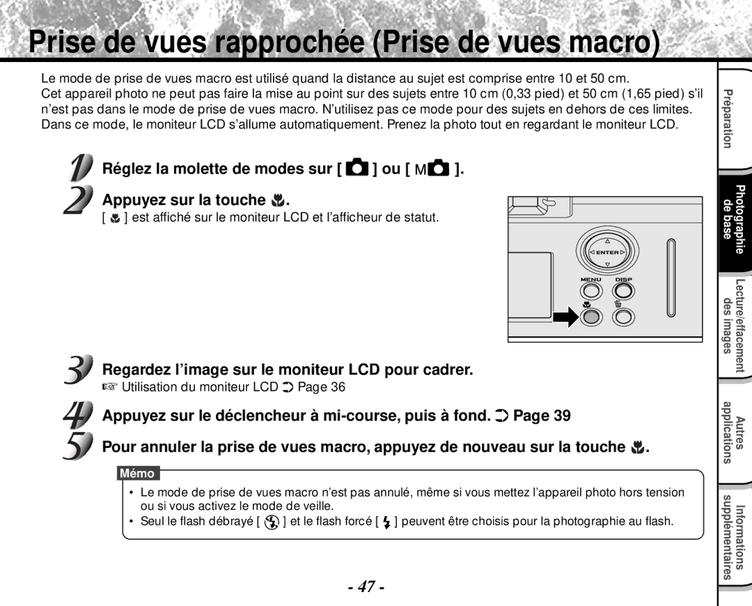 Toshiba PDR-M4 instruction manual Prise de vues rapprochée Prise de vues macro, Réglez la molette de modes sur ou 